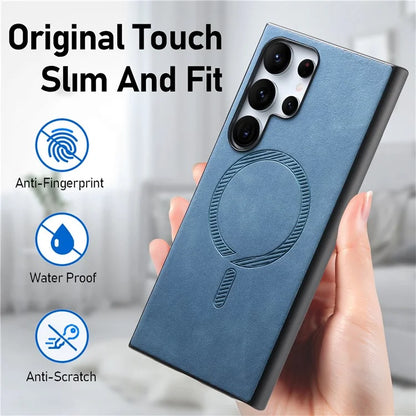 For Samsung Galaxy S23 Ultra Leather Back Case Compatible with MagSafe Skin-Touch Phone Cover