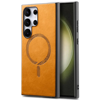 For Samsung Galaxy S23 Ultra Leather Back Case Compatible with MagSafe Skin-Touch Phone Cover