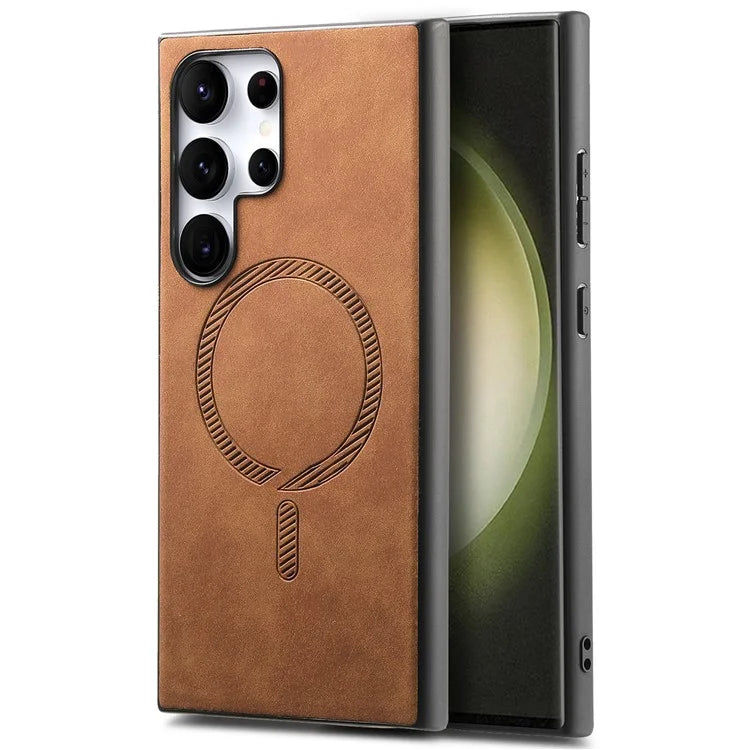 For Samsung Galaxy S23 Ultra Leather Back Case Compatible with MagSafe Skin-Touch Phone Cover