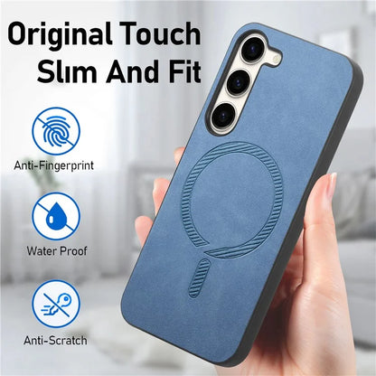 For Samsung Galaxy S23+ Leather Back Case Compatible with MagSafe Skin-Touch Phone Cover