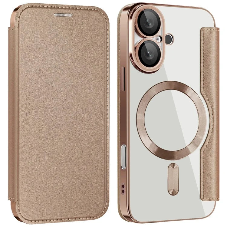 For iPhone 16 Magnetic Case RFID Blocking Leather Phone Cover - Gold