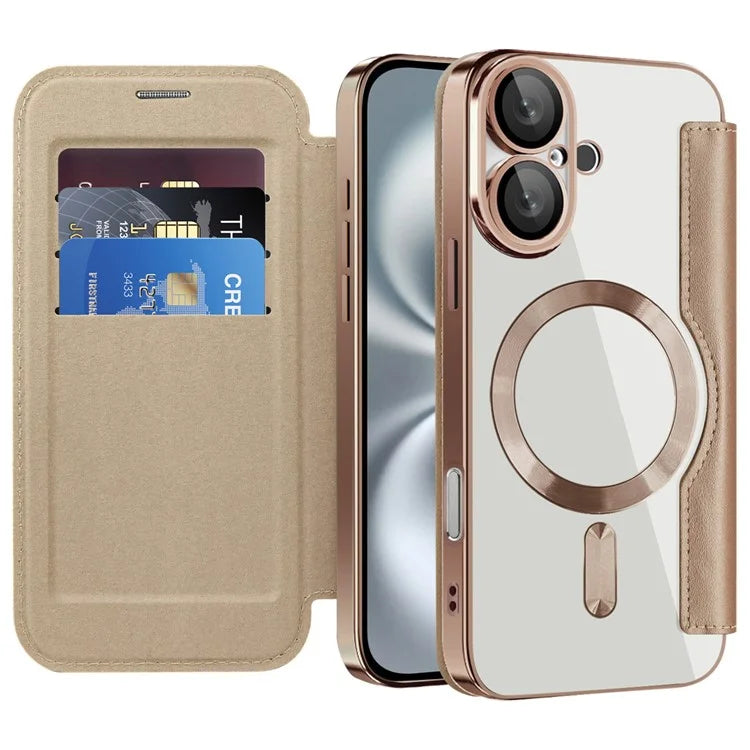 For iPhone 16 Magnetic Case RFID Blocking Leather Phone Cover - Gold