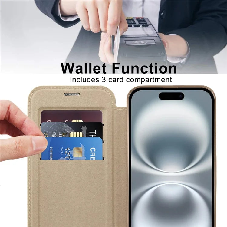 For iPhone 16 Magnetic Case RFID Blocking Leather Phone Cover - Gold