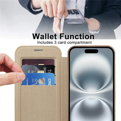 For iPhone 16 Magnetic Case RFID Blocking Leather Phone Cover - Gold