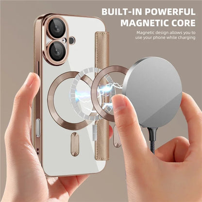 For iPhone 16 Magnetic Case RFID Blocking Leather Phone Cover - Gold