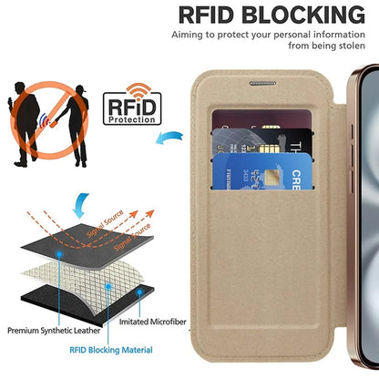For iPhone 16 Magnetic Case RFID Blocking Leather Phone Cover - Gold
