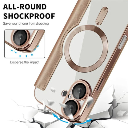 For iPhone 16 Magnetic Case RFID Blocking Leather Phone Cover - Gold