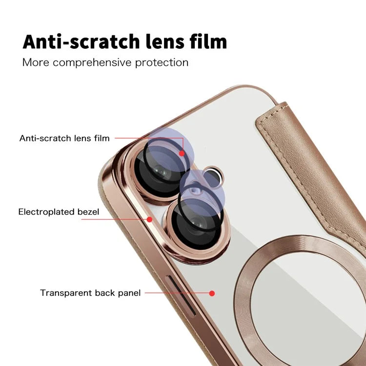 For iPhone 16 Magnetic Case RFID Blocking Leather Phone Cover - Gold