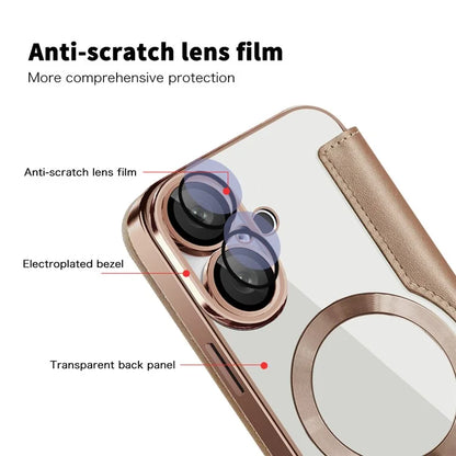 For iPhone 16 Magnetic Case RFID Blocking Leather Phone Cover - Gold