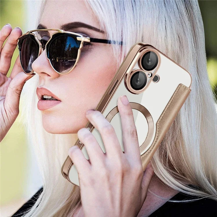 For iPhone 16 Magnetic Case RFID Blocking Leather Phone Cover - Gold