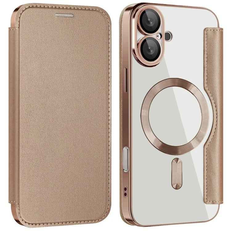 For iPhone 16 Plus Case Compatible with MagSafe RFID Blocking Leather Phone Cover - Gold
