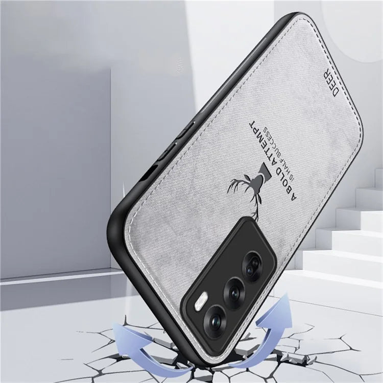 For Oppo Reno12 5G (Global) Phone Case Deer Pattern Cloth Texture PU Leather Back Cover