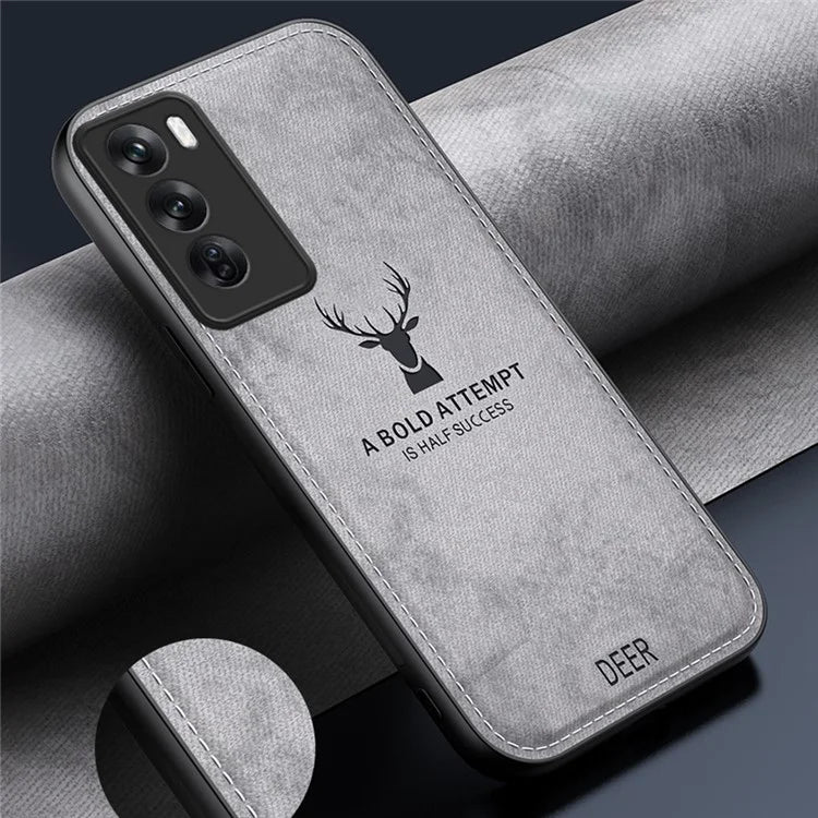 For Oppo Reno12 5G (Global) Phone Case Deer Pattern Cloth Texture PU Leather Back Cover