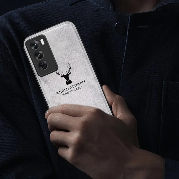 For Oppo Reno12 5G (Global) Phone Case Deer Pattern Cloth Texture PU Leather Back Cover