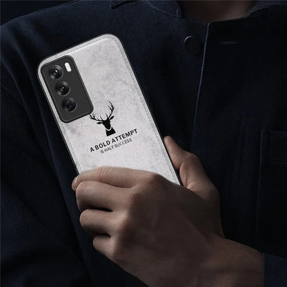 For Oppo Reno12 5G (Global) Phone Case Deer Pattern Cloth Texture PU Leather Back Cover