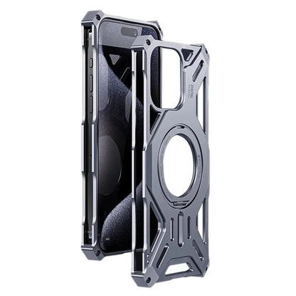 For iPhone 15 Pro Max Case Kickstand Frameless Aluminum Alloy+Silicone Phone Bumper Cover