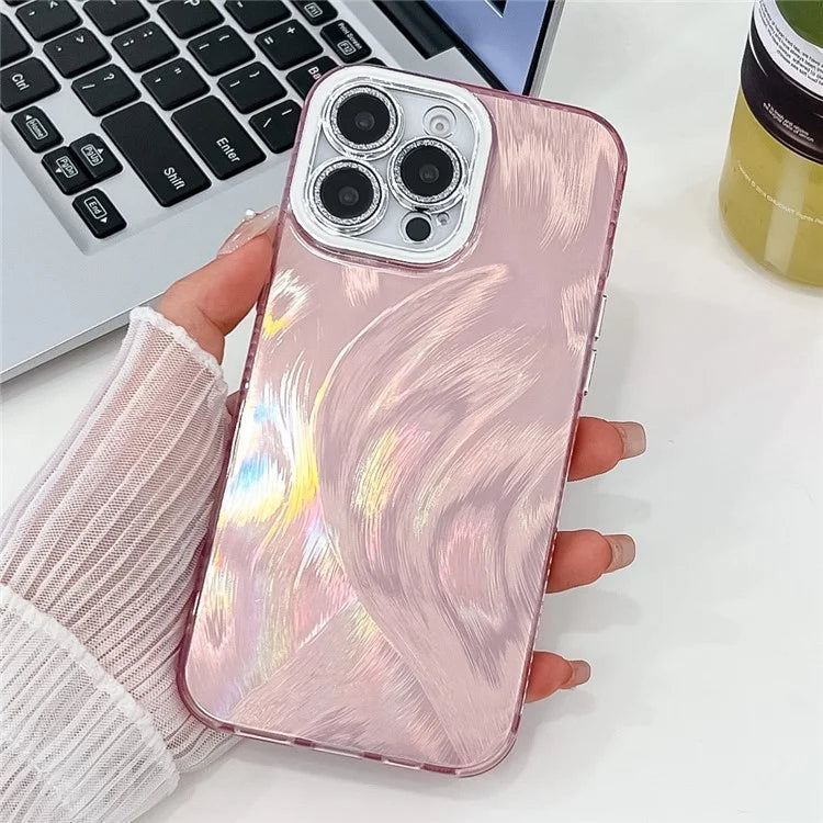 For iPhone 16 Pro Max Case IMD Textured PC+TPU Phone Cover with Glitter Ring Lens Protector