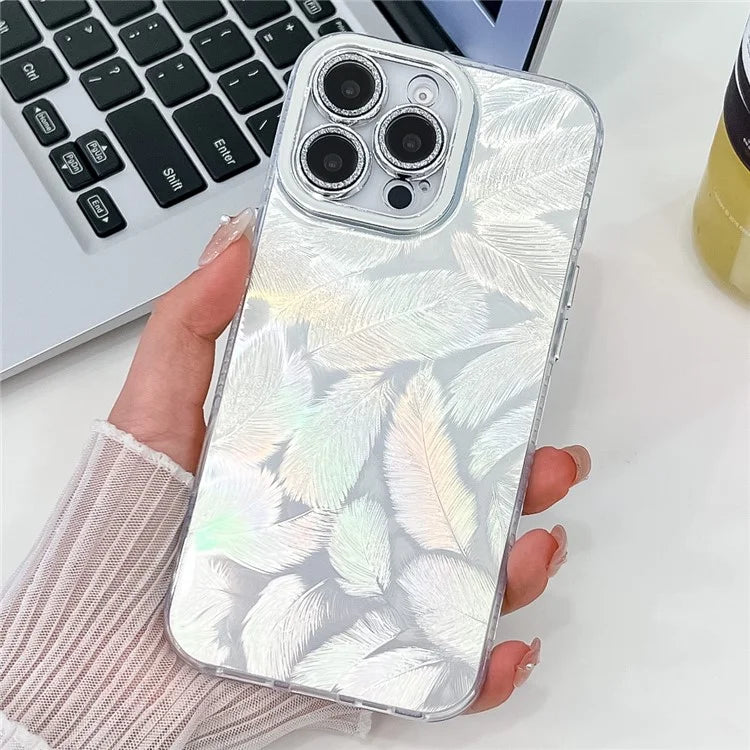 For iPhone 16 Pro Max Case IMD Textured PC+TPU Phone Cover with Glitter Ring Lens Protector