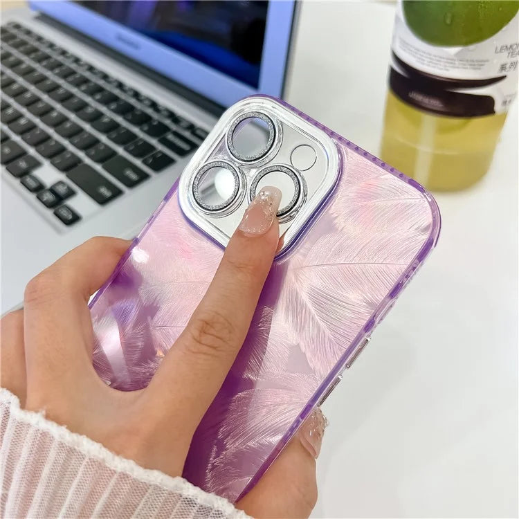 For iPhone 16 Pro Max Case IMD Textured PC+TPU Phone Cover with Glitter Ring Lens Protector