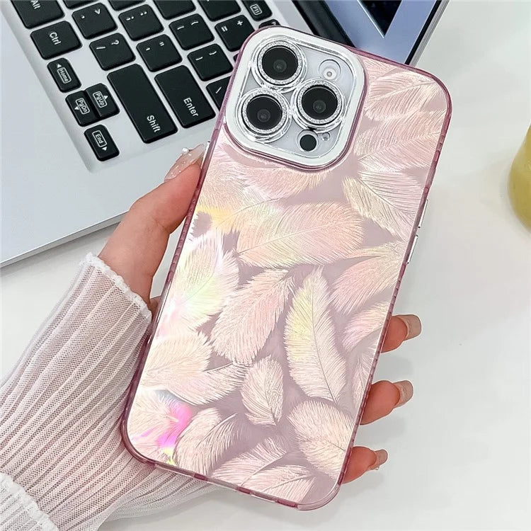 For iPhone 16 Pro Max Case IMD Textured PC+TPU Phone Cover with Glitter Ring Lens Protector