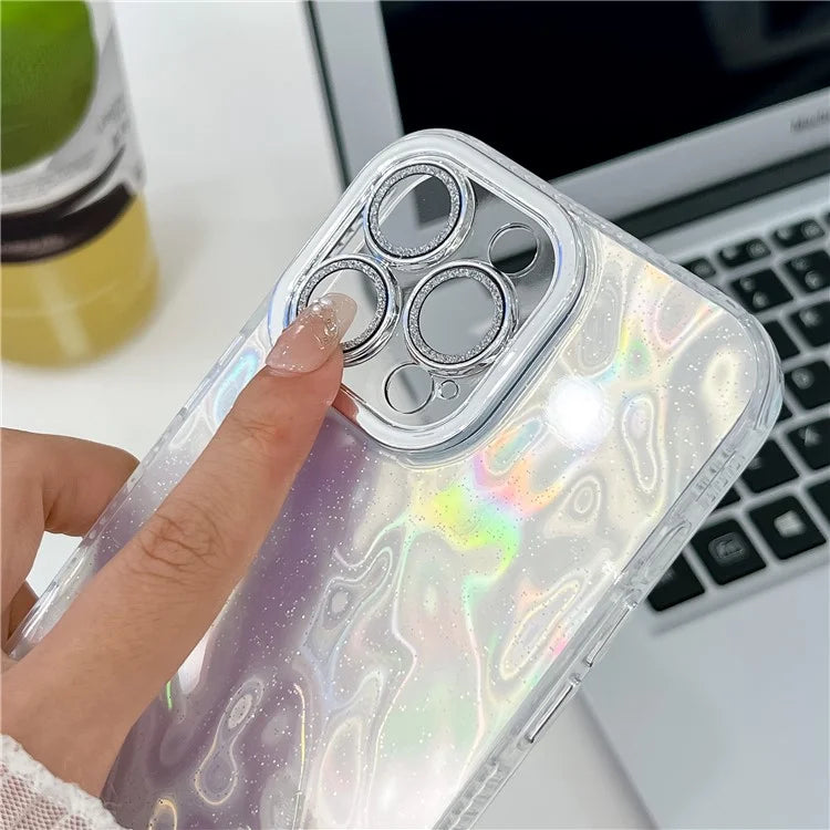For iPhone 16 Pro Max Case IMD Textured PC+TPU Phone Cover with Glitter Ring Lens Protector