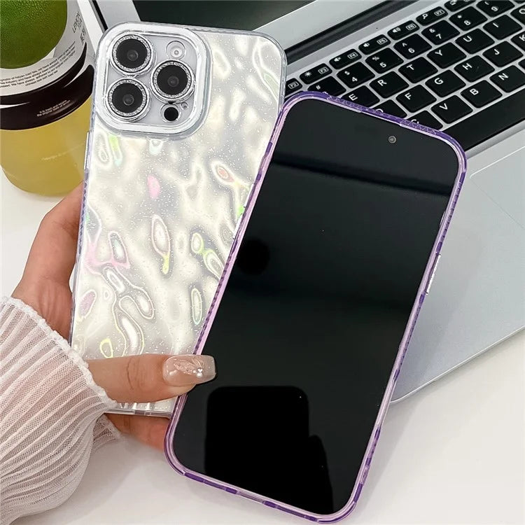 For iPhone 16 Pro Max Case IMD Textured PC+TPU Phone Cover with Glitter Ring Lens Protector