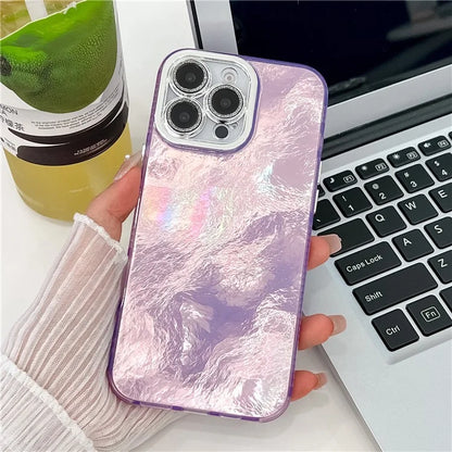 For iPhone 16 Pro Max Case IMD Textured PC+TPU Phone Cover with Glitter Ring Lens Protector