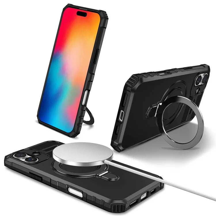 For iPhone 16 Plus Magnetic Case PC+TPU Anti-Scratch Phone Cover with Ring Holder