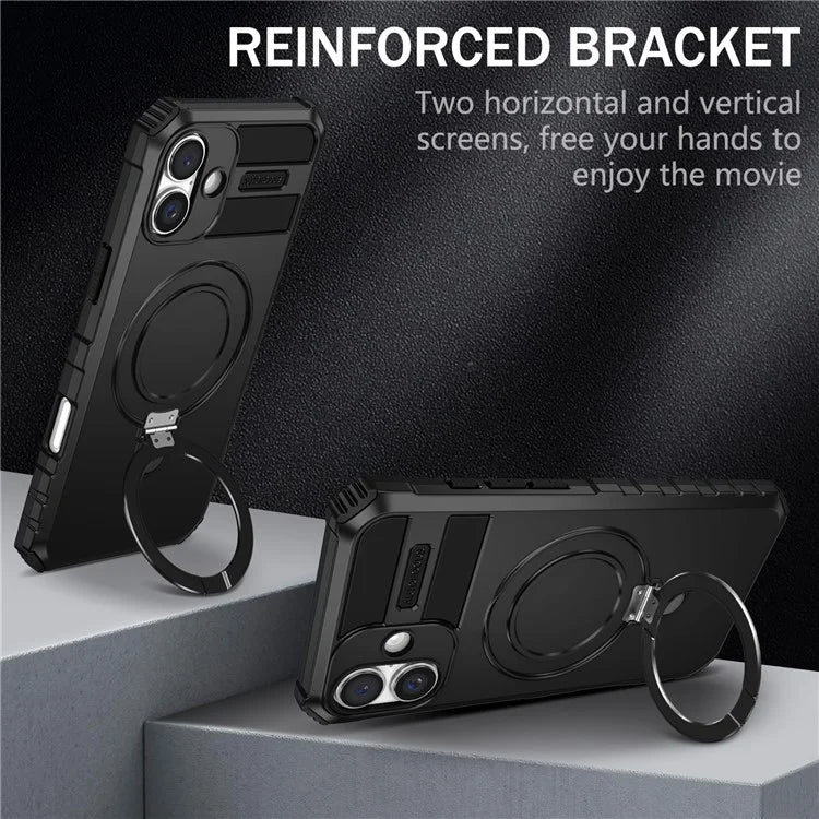 For iPhone 16 Plus Magnetic Case PC+TPU Anti-Scratch Phone Cover with Ring Holder