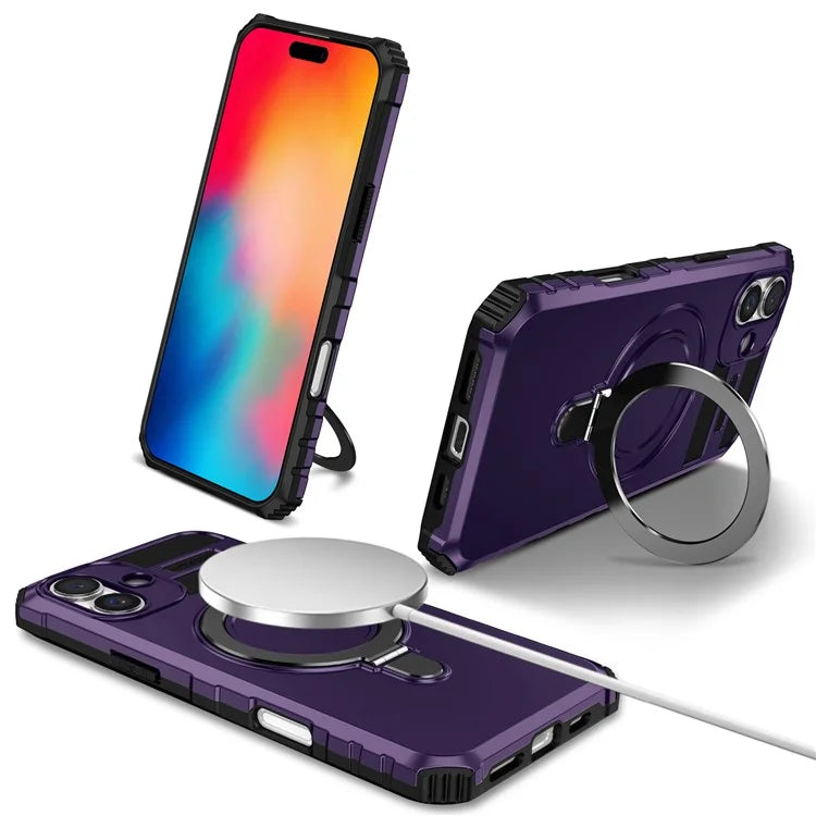 For iPhone 16 Plus Magnetic Case PC+TPU Anti-Scratch Phone Cover with Ring Holder