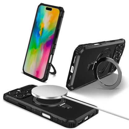 For iPhone 16 Pro Max Magnetic Case Ring Kickstand PC+TPU Drop-Proof Protective Cover