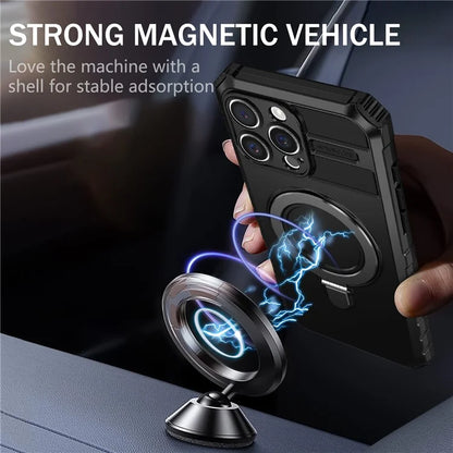 For iPhone 16 Pro Max Magnetic Case Ring Kickstand PC+TPU Drop-Proof Protective Cover