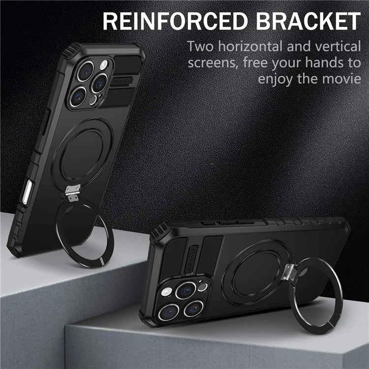 For iPhone 16 Pro Max Magnetic Case Ring Kickstand PC+TPU Drop-Proof Protective Cover