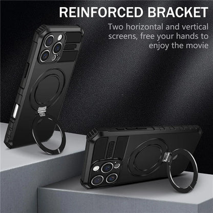For iPhone 16 Pro Max Magnetic Case Ring Kickstand PC+TPU Drop-Proof Protective Cover
