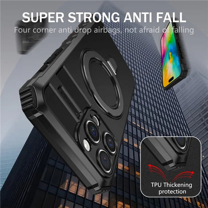 For iPhone 16 Pro Max Magnetic Case Ring Kickstand PC+TPU Drop-Proof Protective Cover
