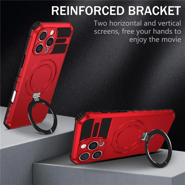 For iPhone 16 Pro Max Magnetic Case Ring Kickstand PC+TPU Drop-Proof Protective Cover