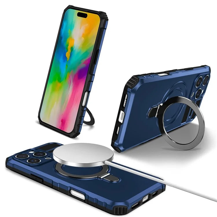 For iPhone 16 Pro Max Magnetic Case Ring Kickstand PC+TPU Drop-Proof Protective Cover