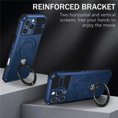 For iPhone 16 Pro Max Magnetic Case Ring Kickstand PC+TPU Drop-Proof Protective Cover
