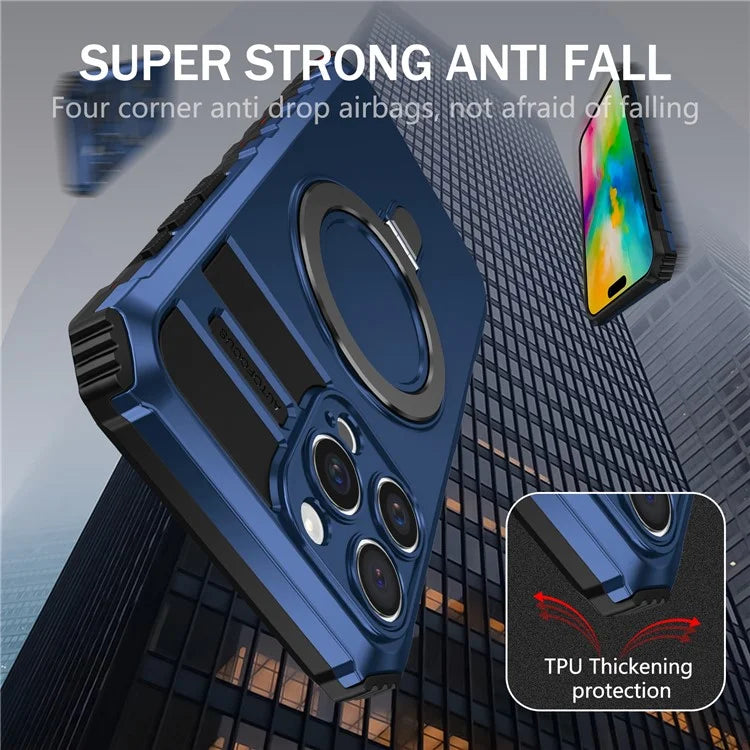 For iPhone 16 Pro Max Magnetic Case Ring Kickstand PC+TPU Drop-Proof Protective Cover