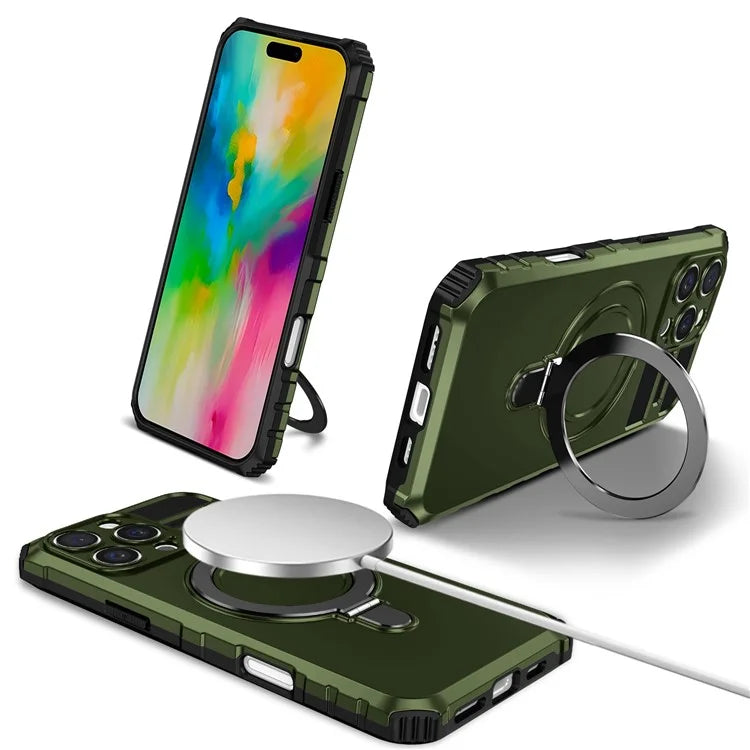For iPhone 16 Pro Max Magnetic Case Ring Kickstand PC+TPU Drop-Proof Protective Cover