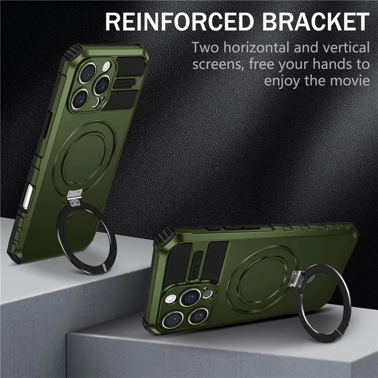 For iPhone 16 Pro Max Magnetic Case Ring Kickstand PC+TPU Drop-Proof Protective Cover