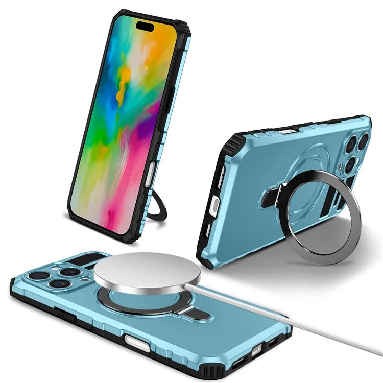 For iPhone 16 Pro Max Magnetic Case Ring Kickstand PC+TPU Drop-Proof Protective Cover
