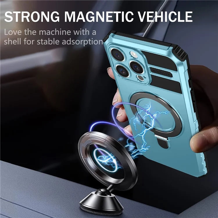 For iPhone 16 Pro Max Magnetic Case Ring Kickstand PC+TPU Drop-Proof Protective Cover