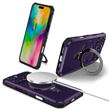 For iPhone 16 Pro Max Magnetic Case Ring Kickstand PC+TPU Drop-Proof Protective Cover