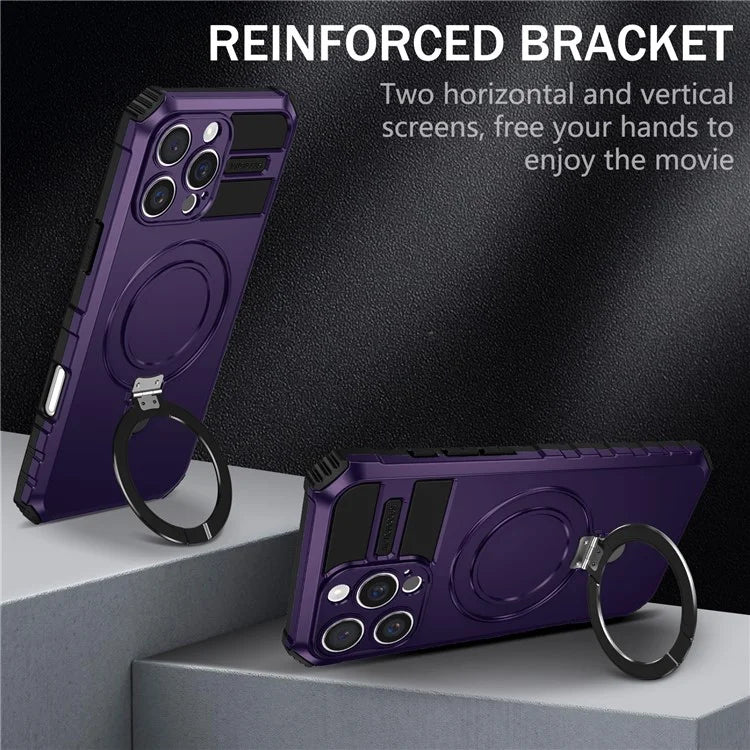 For iPhone 16 Pro Max Magnetic Case Ring Kickstand PC+TPU Drop-Proof Protective Cover