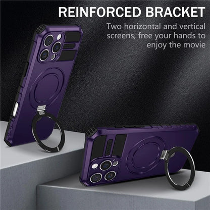 For iPhone 16 Pro Max Magnetic Case Ring Kickstand PC+TPU Drop-Proof Protective Cover