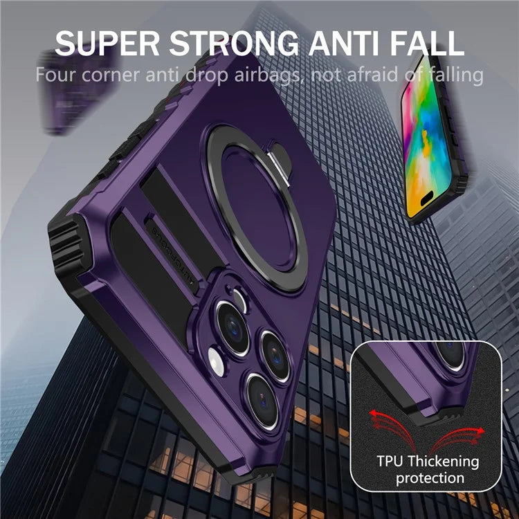 For iPhone 16 Pro Max Magnetic Case Ring Kickstand PC+TPU Drop-Proof Protective Cover