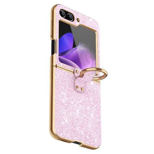 For Samsung Galaxy Z Flip6 5G Case Glitter Leather+PC Electroplating Phone Cover Ring Kickstand