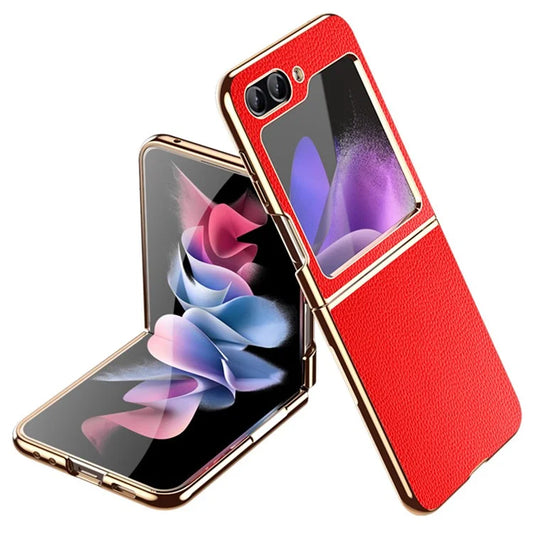 For Samsung Galaxy Z Flip5 5G Case Leather Coated PC Electroplating Phone Cover Litchi Texture