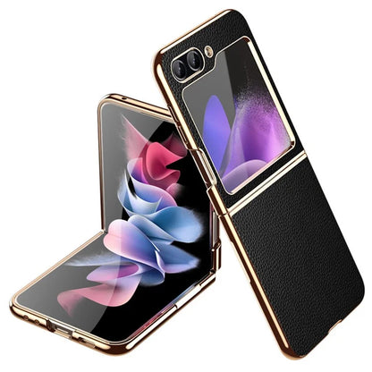 For Samsung Galaxy Z Flip5 5G Case Leather Coated PC Electroplating Phone Cover Litchi Texture